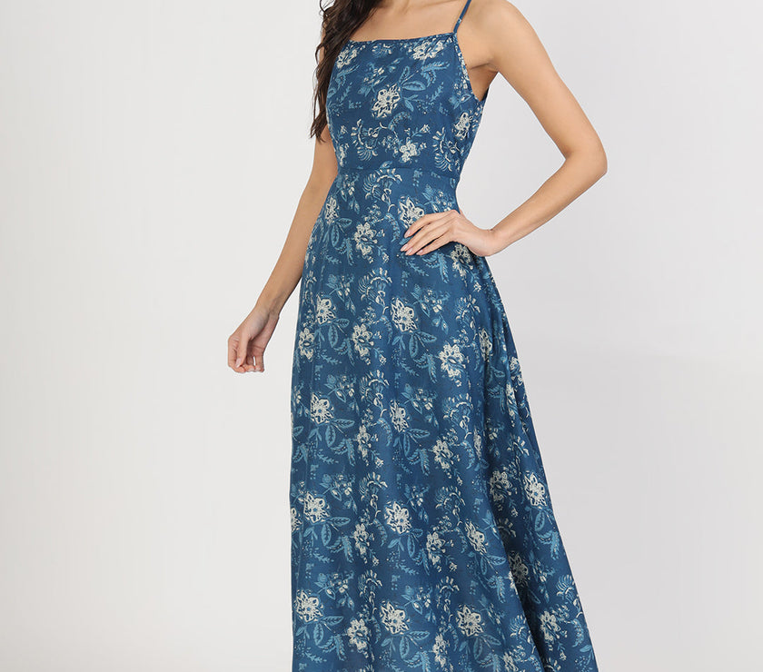 Divena Indigo Blue Cotton Long Dress for Women