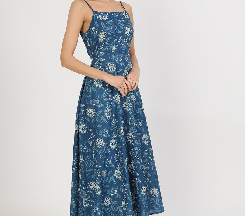 Divena Indigo Blue Cotton Long Dress for Women