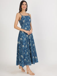 Divena Indigo Blue Cotton Long Dress for Women