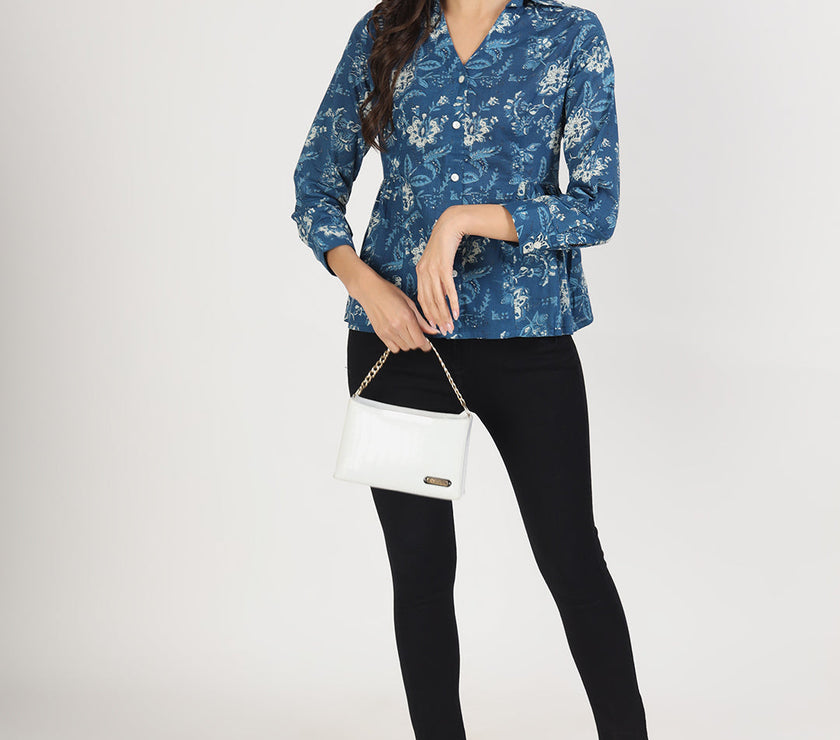 Divena Indigo Blue Cotton Shirt Style Top