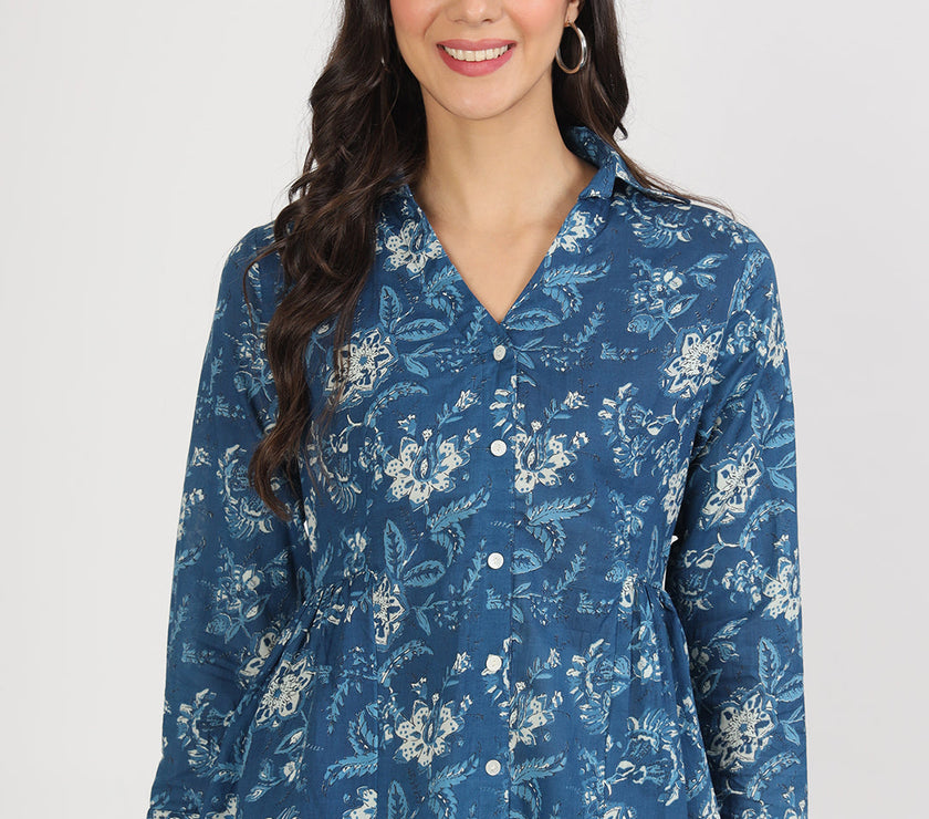 Divena Indigo Blue Cotton Shirt Style Top