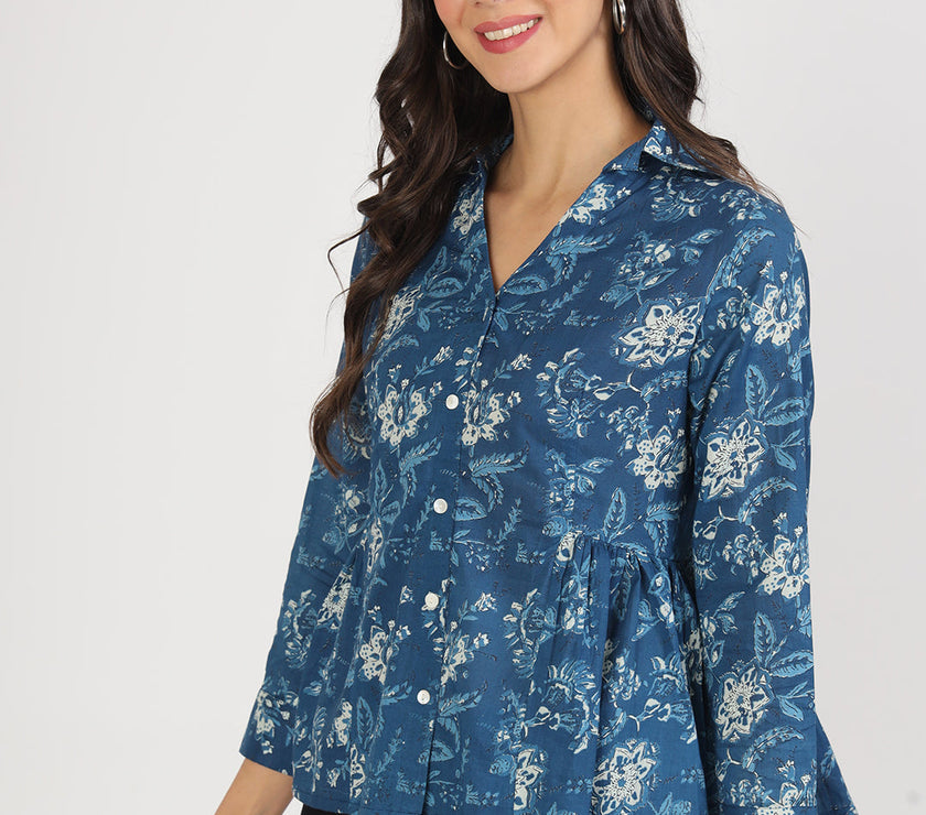 Divena Indigo Blue Cotton Shirt Style Top