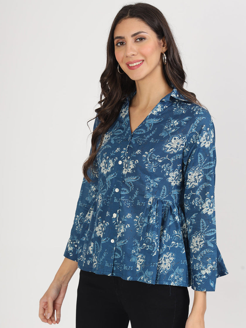 Divena Indigo Blue Cotton Shirt Style Top