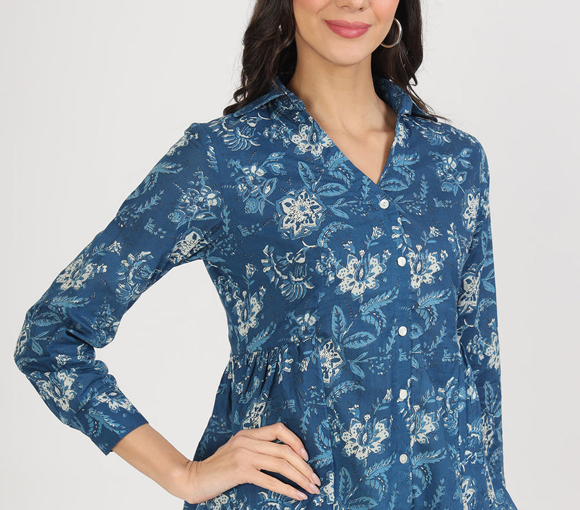 Divena Indigo Blue Cotton Shirt Style Top