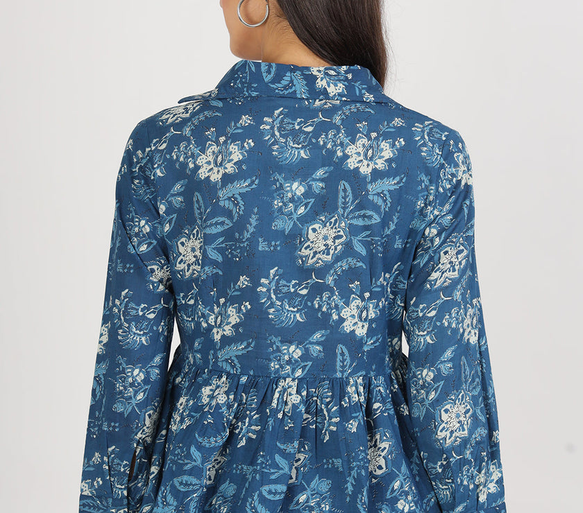 Divena Indigo Blue Cotton Shirt Style Top