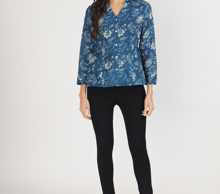 Divena Indigo Blue Cotton Shirt Style Top