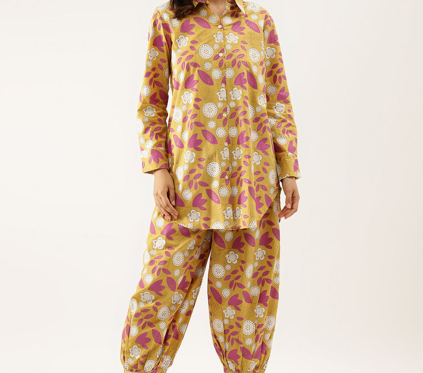 Divena Mustard Floral Print Cotton Co-ord Set