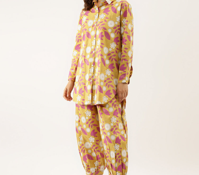 Divena Mustard Floral Print Cotton Co-ord Set