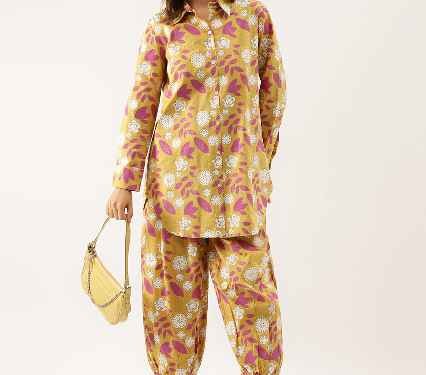 Divena Mustard Floral Print Cotton Co-ord Set