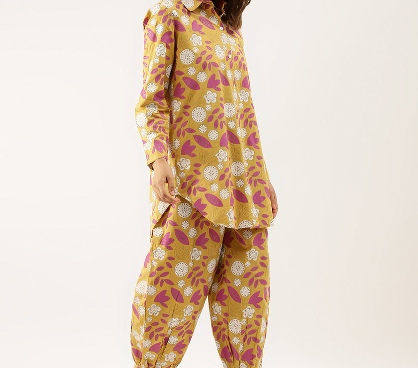 Divena Mustard Floral Print Cotton Co-ord Set