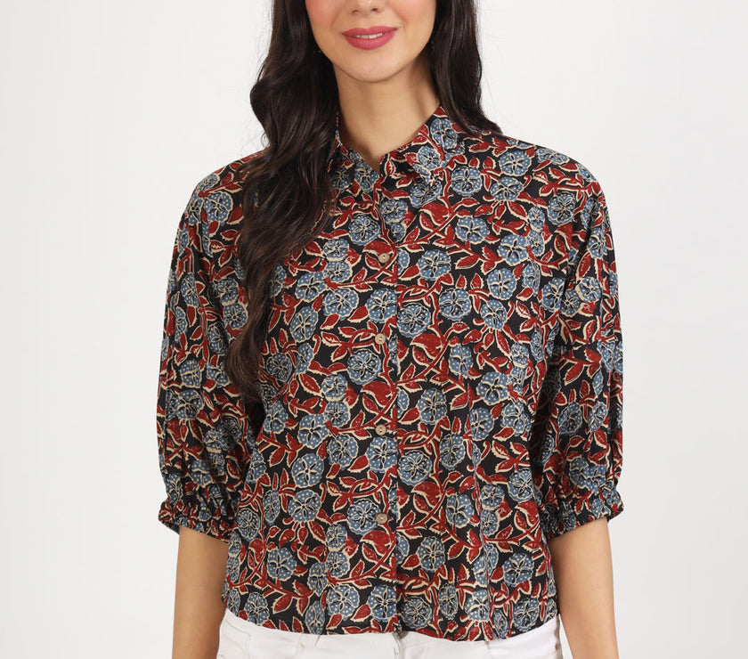 Divena Black Floral Printed Cotton Tops