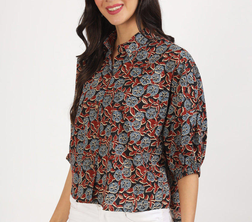 Divena Black Floral Printed Cotton Tops