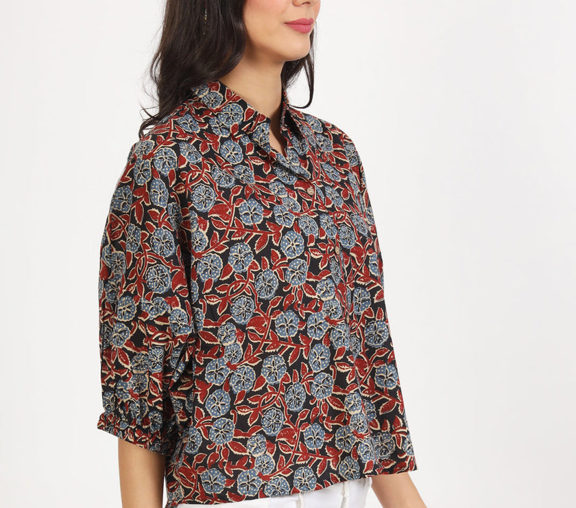 Divena Black Floral Printed Cotton Tops