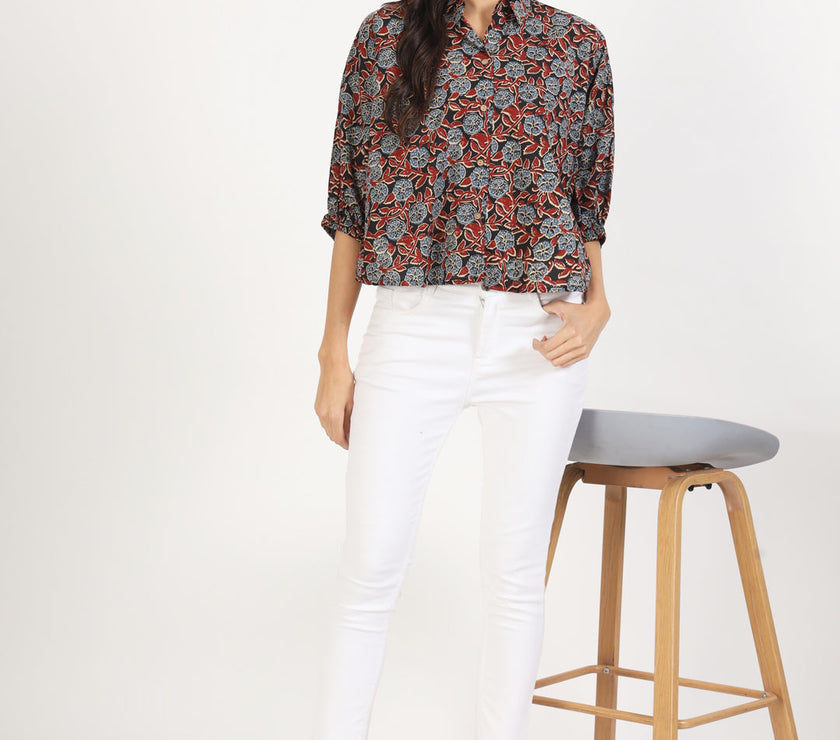 Divena Black Floral Printed Cotton Tops