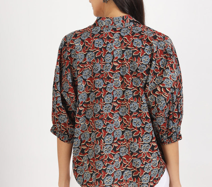 Divena Black Floral Printed Cotton Tops