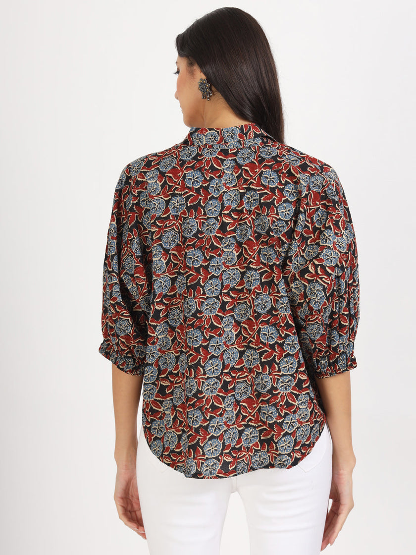 Divena Black Floral Printed Cotton Tops