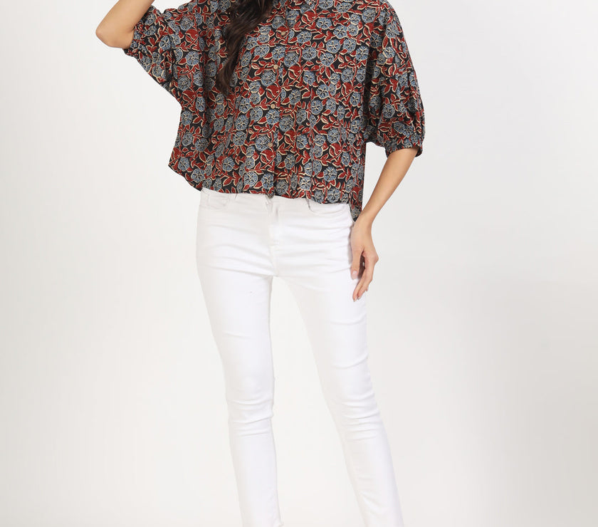 Divena Black Floral Printed Cotton Tops