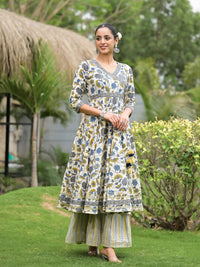 Divena offWhite Floral Print Cotton Kurta Sharara set for women