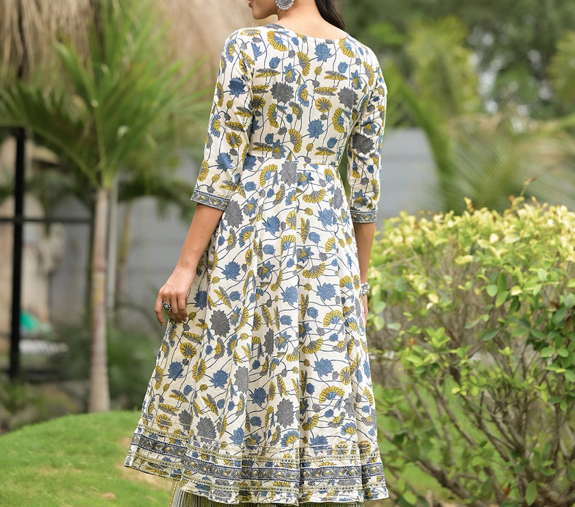 Divena offWhite Floral Print Cotton Kurta Sharara set for women