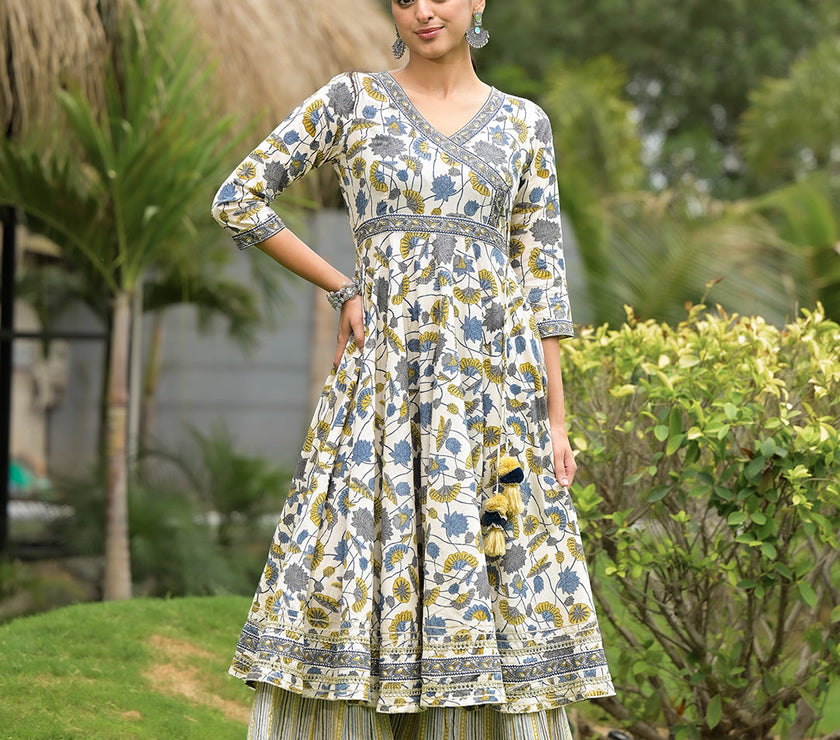 Divena offWhite Floral Print Cotton Kurta Sharara set for women