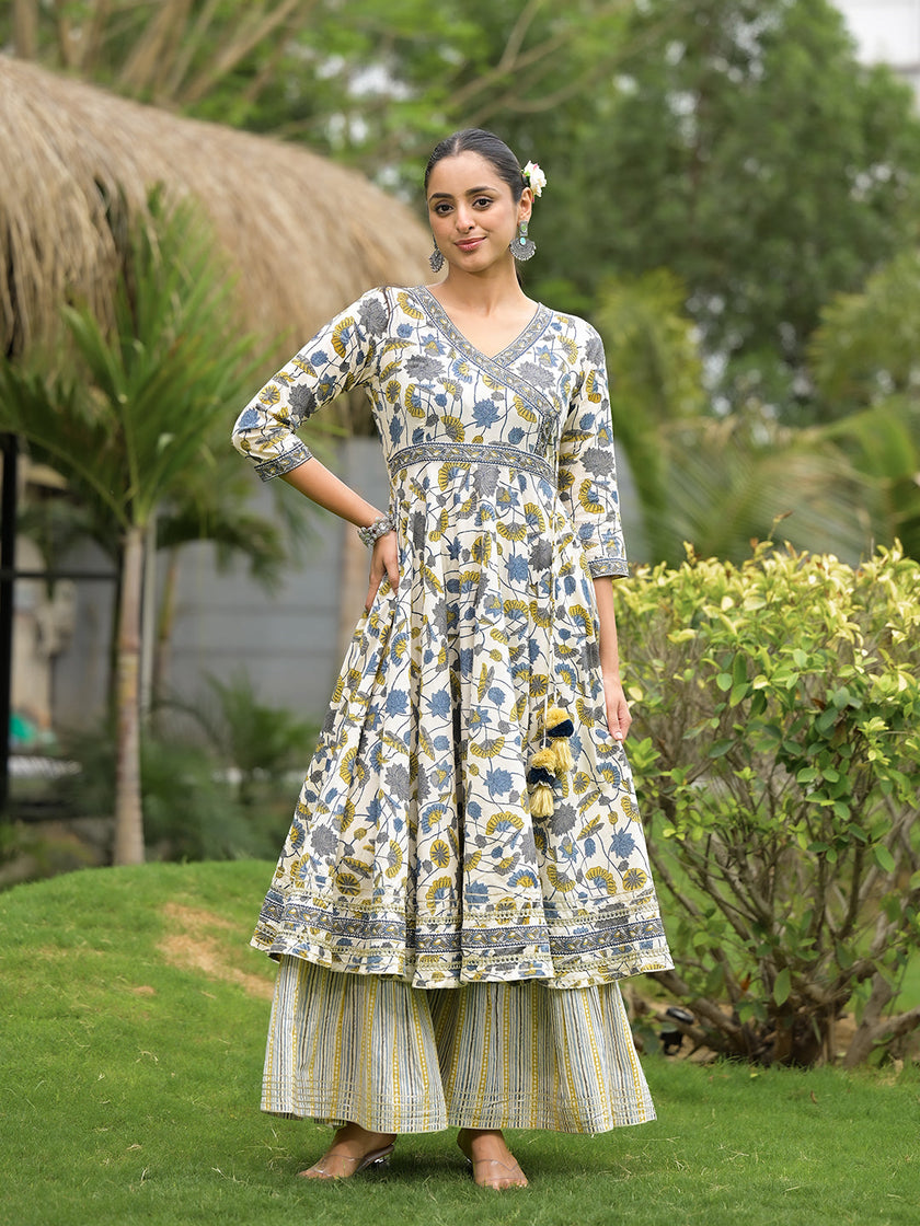 Divena offWhite Floral Print Cotton Kurta Sharara set for women