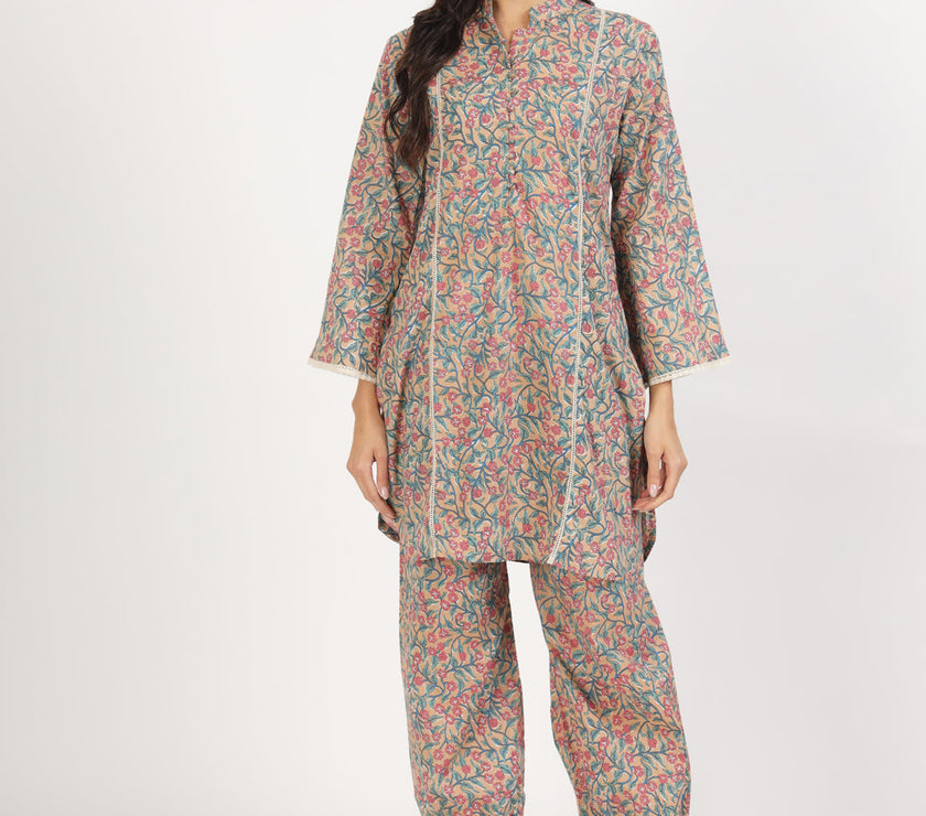 Divena Beige Floral Printed Cotton Co-ord Set