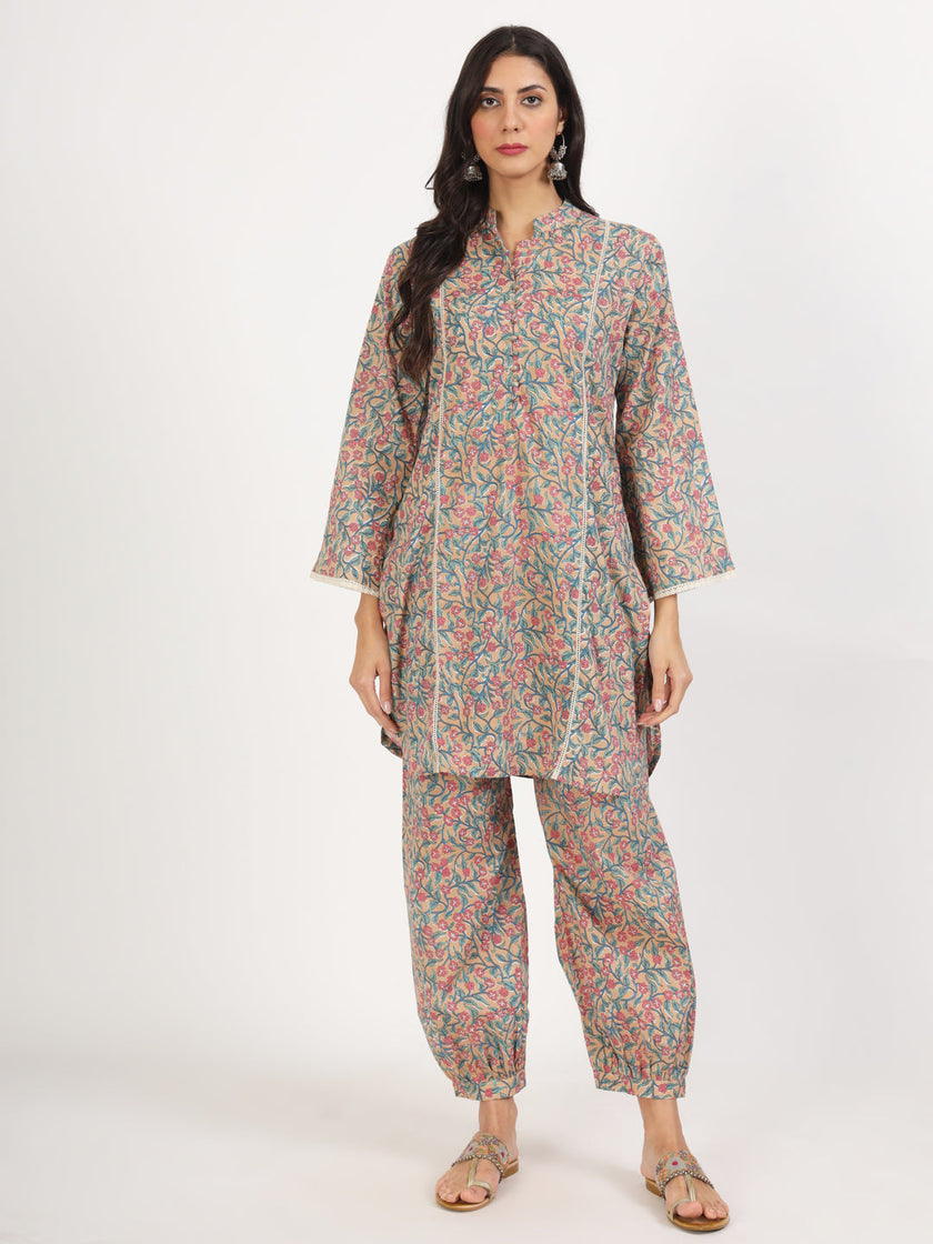 Divena Beige Floral Printed Cotton Co-ord Set