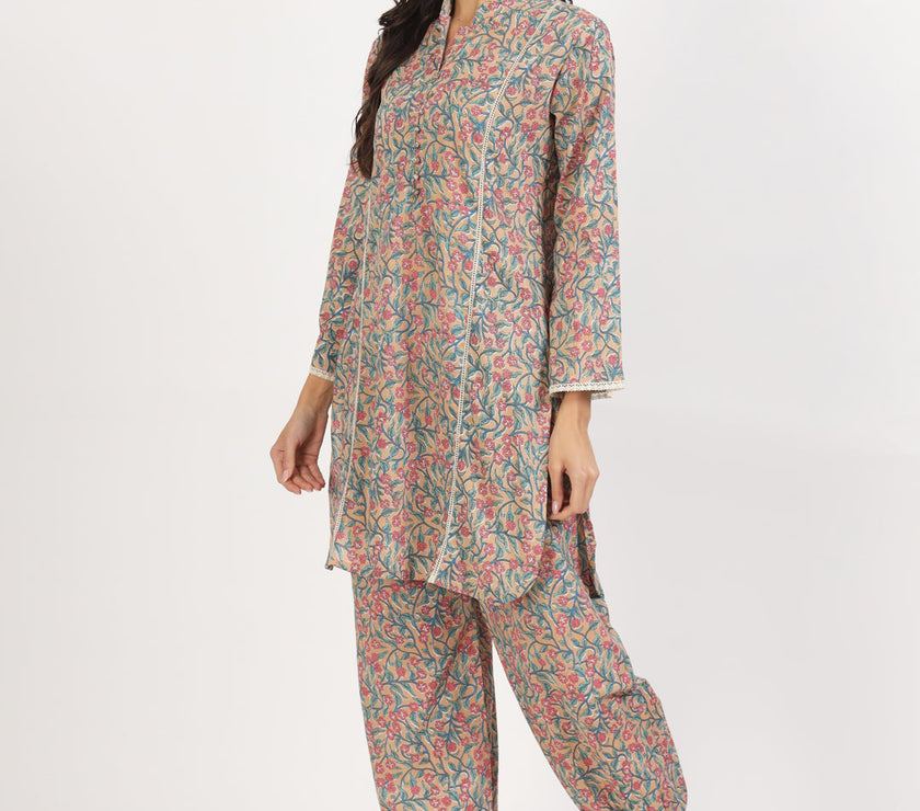 Divena Beige Floral Printed Cotton Co-ord Set