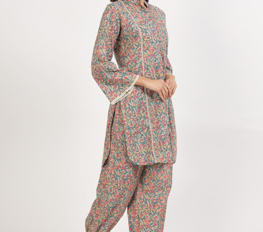 Divena Beige Floral Printed Cotton Co-ord Set