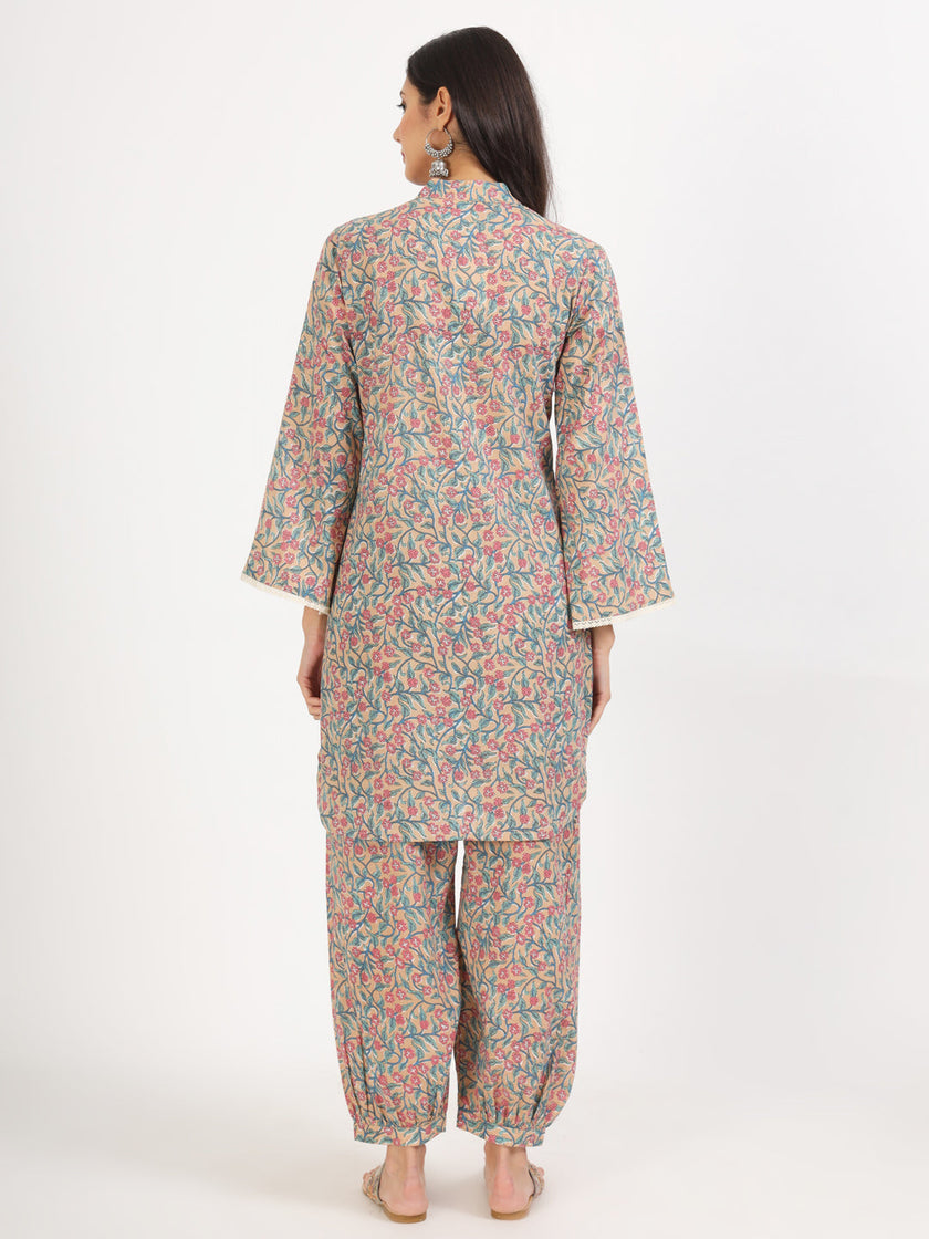 Divena Beige Floral Printed Cotton Co-ord Set