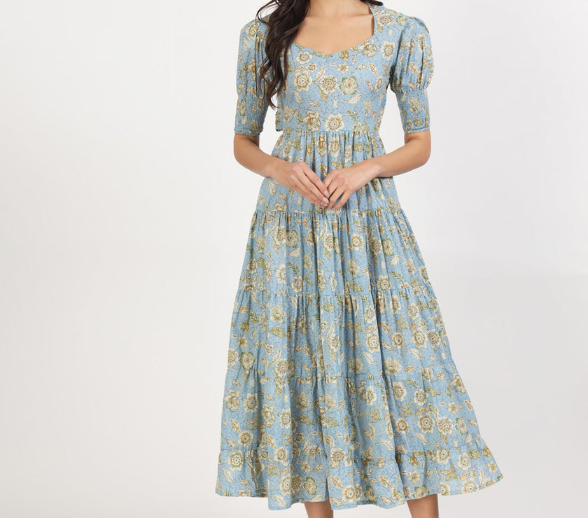 Divena Sky Blue Floral Printed Calf length Dress