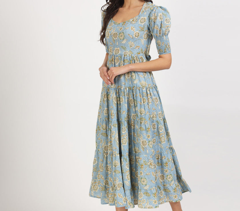 Divena Sky Blue Floral Printed Calf length Dress