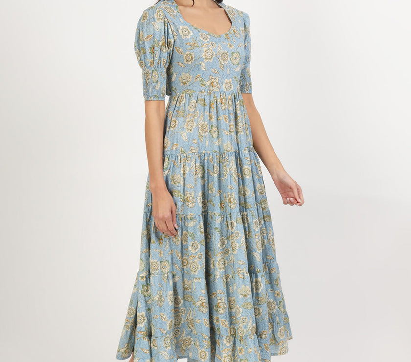 Divena Sky Blue Floral Printed Calf length Dress