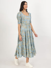 Divena Sky Blue Floral Printed Calf length Dress