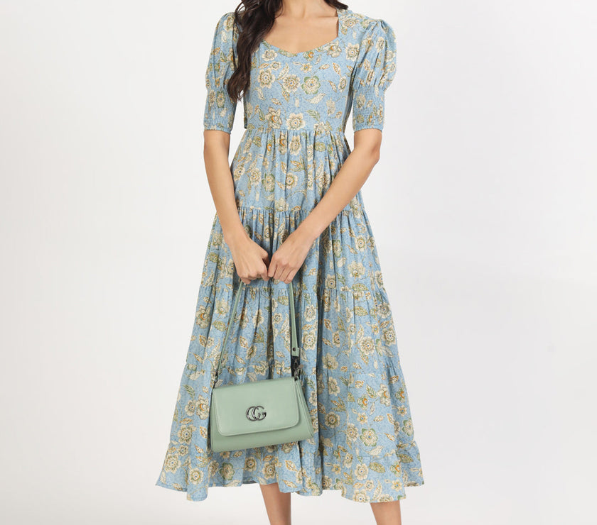 Divena Sky Blue Floral Printed Calf length Dress