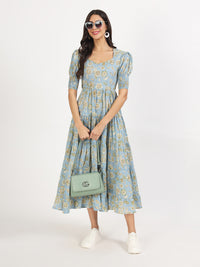 Divena Sky Blue Floral Printed Calf length Dress