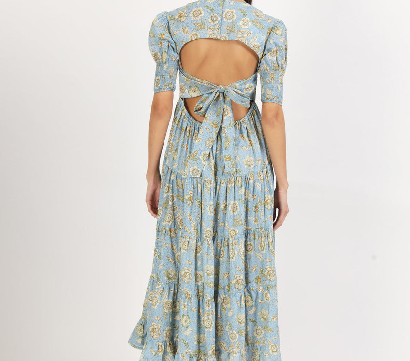 Divena Sky Blue Floral Printed Calf length Dress