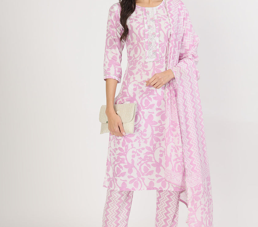 Divena Purple Floral Print Cotton Kurta pant with Dupatta set