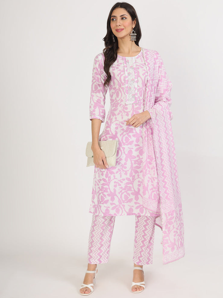 Divena Purple Floral Print Cotton Kurta pant with Dupatta set