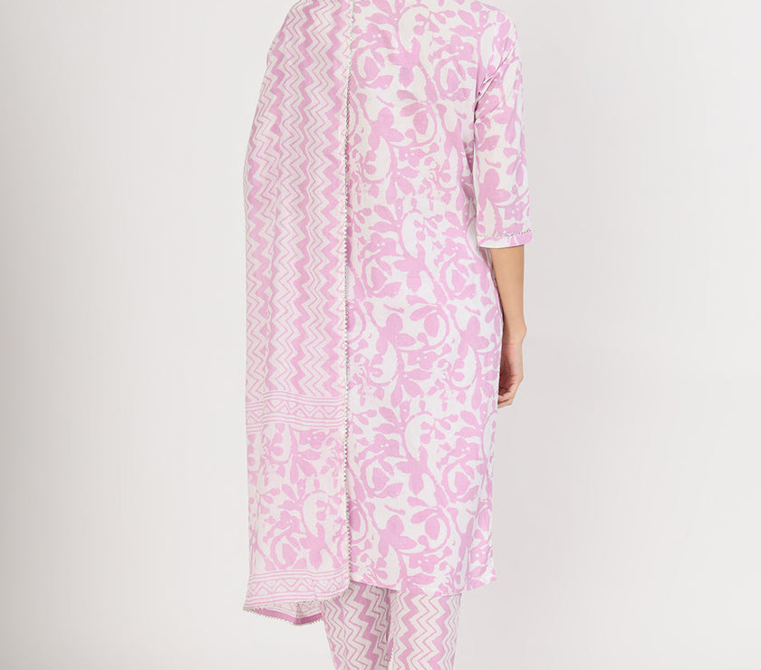 Divena Purple Floral Print Cotton Kurta pant with Dupatta set