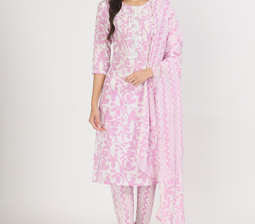 Divena Purple Floral Print Cotton Kurta pant with Dupatta set