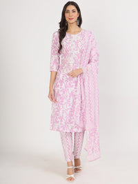 Divena Purple Floral Print Cotton Kurta pant with Dupatta set