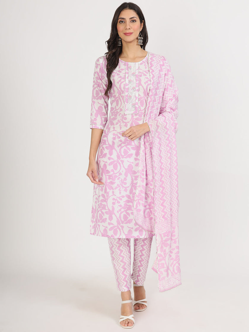 Divena Purple Floral Print Cotton Kurta pant with Dupatta set