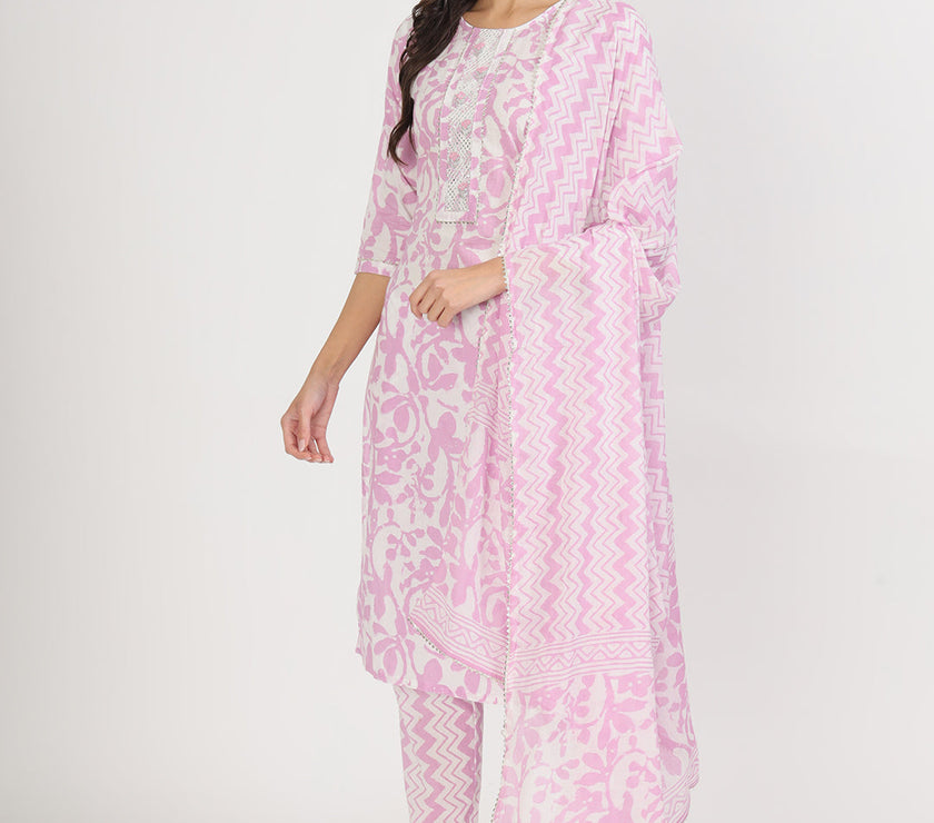 Divena Purple Floral Print Cotton Kurta pant with Dupatta set