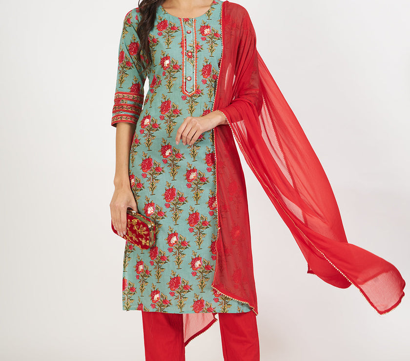 Divena Green Floral Print Cotton Kurta pant with Dupatta set