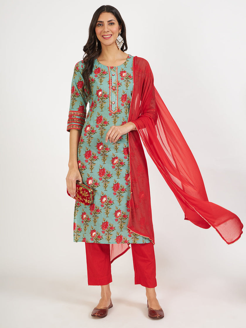 Divena Green Floral Print Cotton Kurta pant with Dupatta set