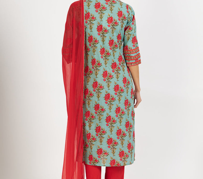 Divena Green Floral Print Cotton Kurta pant with Dupatta set