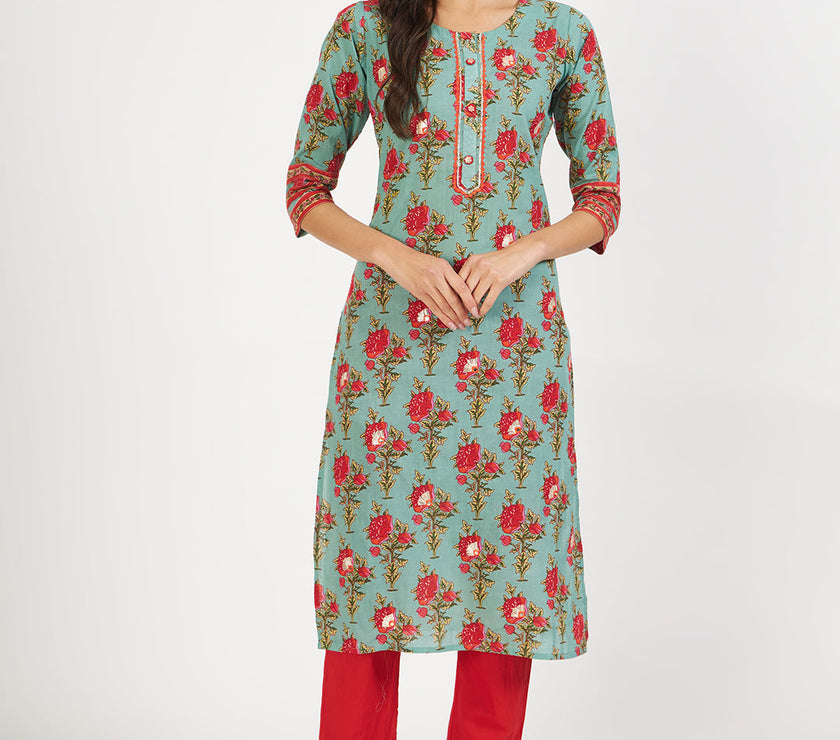 Divena Green Floral Print Cotton Kurta pant with Dupatta set