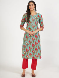 Divena Green Floral Print Cotton Kurta pant with Dupatta set