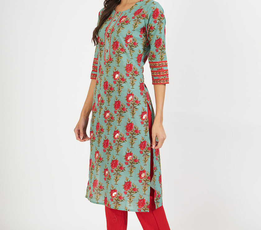 Divena Green Floral Print Cotton Kurta pant with Dupatta set